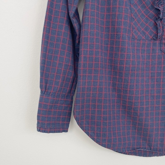 J. Crew 100% Cotton Plaid Ruffle Popover Button Up Shirt Casual Top Size 00 - Picture 4 of 16